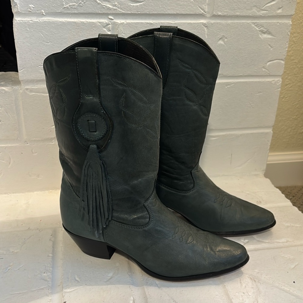 Vintage 1980s Made in USA Leather Fringe Cowboy Boots from Laredo Toe Taps